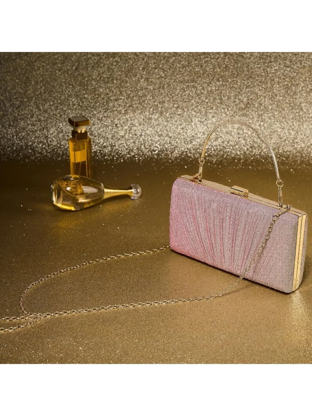 Women's Pink Pleated Evening Handbag with Chain Prom Classic Clutch Purses